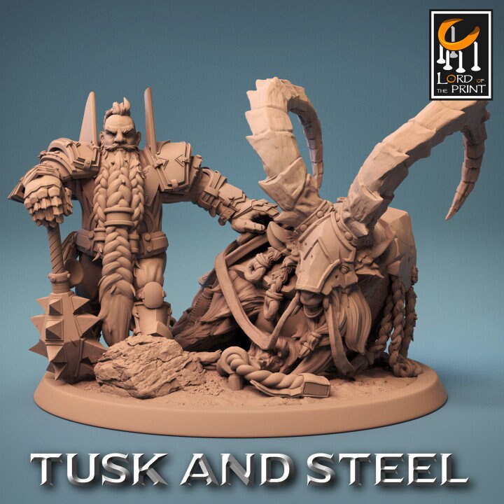 Dwarf Goat Rider with no Helmet Pack | Tusk and Steel | Lord of the Print | Wargaming | Dungeons and Dragons | Tabletop RPG | DnD