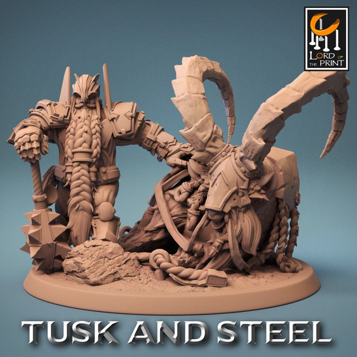 Dwarf Goat Rider with Helmet Pack | Tusk and Steel | Lord of the Print | Wargaming | Dungeons and Dragons | Tabletop RPG | DnD