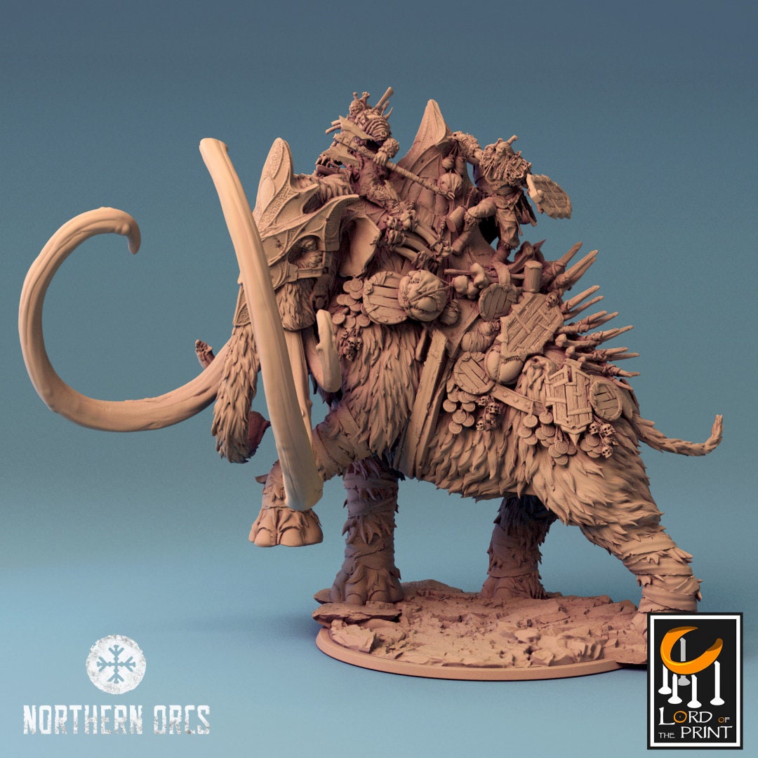 Orc Riding Greater Mammoth Miniature - Detailed Fantasy RPG | Lord of the Print | Wargaming | Dungeons and Dragons | Tabletop RPG | DnD |