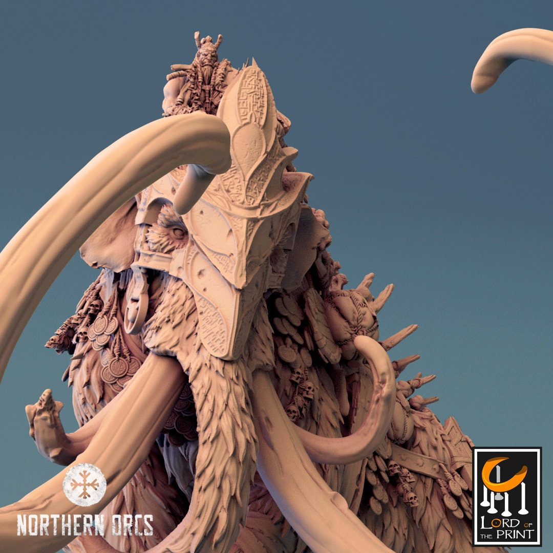 Orc Riding Greater Mammoth Miniature - Detailed Fantasy RPG | Lord of the Print | Wargaming | Dungeons and Dragons | Tabletop RPG | DnD |