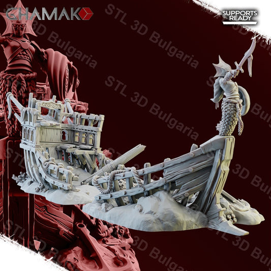 Holy Relic of the Abyss | Ghamak | Fantasy Wargaming | DnD Miniature | crashed ship terrain | Resin Display Model | Abyssal Elves | Sea Elf