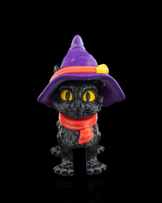 Customizable Articulated Witch Cat Figurine – 3D Printed Black Cat with Witch Hat & Scarf – Poseable Halloween Decoration | Desk Familiar