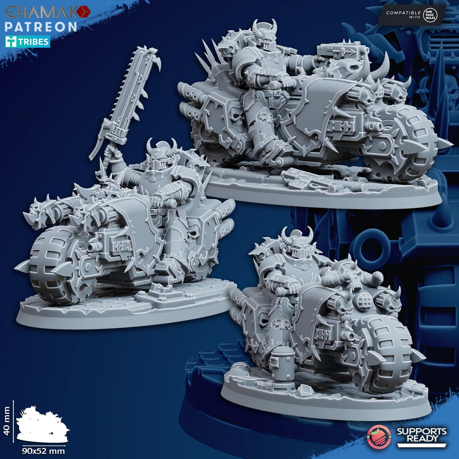 3 Traitor Bikes on Wheels | Ghamak | 3D Printed | 28mm | Wargaming | Chaos Biker Soldiers | warhammer