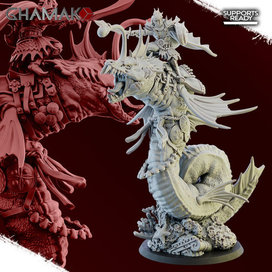 Prince of Atlantis | Ghamak | Fantasy Wargaming | DnD Miniature | Sea Snake Rider | Resin Display Model | Abyssal Elves | Sea Elves