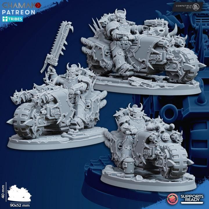 3 Traitor Bikes on Wheels | Ghamak | 3D Printed | 28mm | Wargaming | Chaos Biker Soldiers |Tabletop Wargaming chaos minis